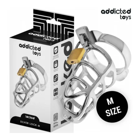 ADDICTED TOYS LOCKED - SILVER LOCK METAL PENIS CAGE SIZE M